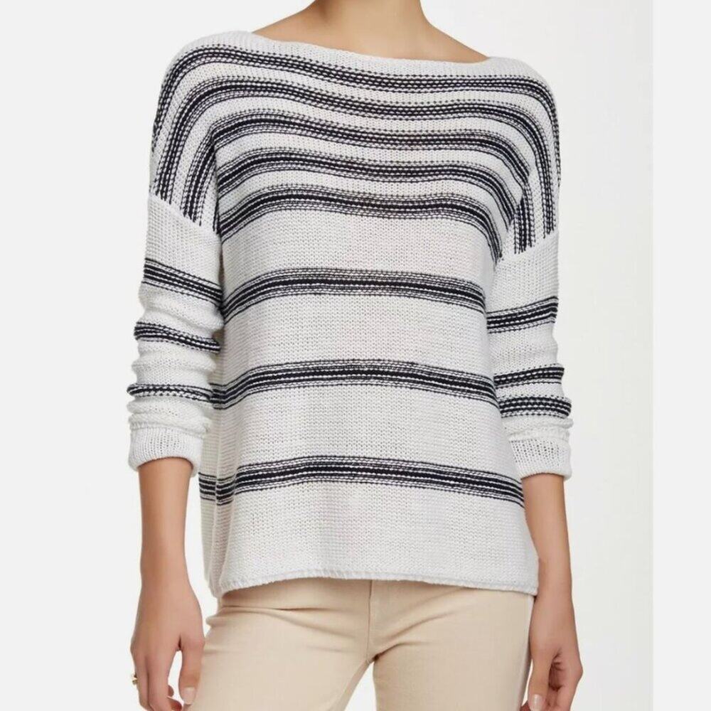 Vince 100% Linen Striped Knit Sweater Cream and Black Boatneck